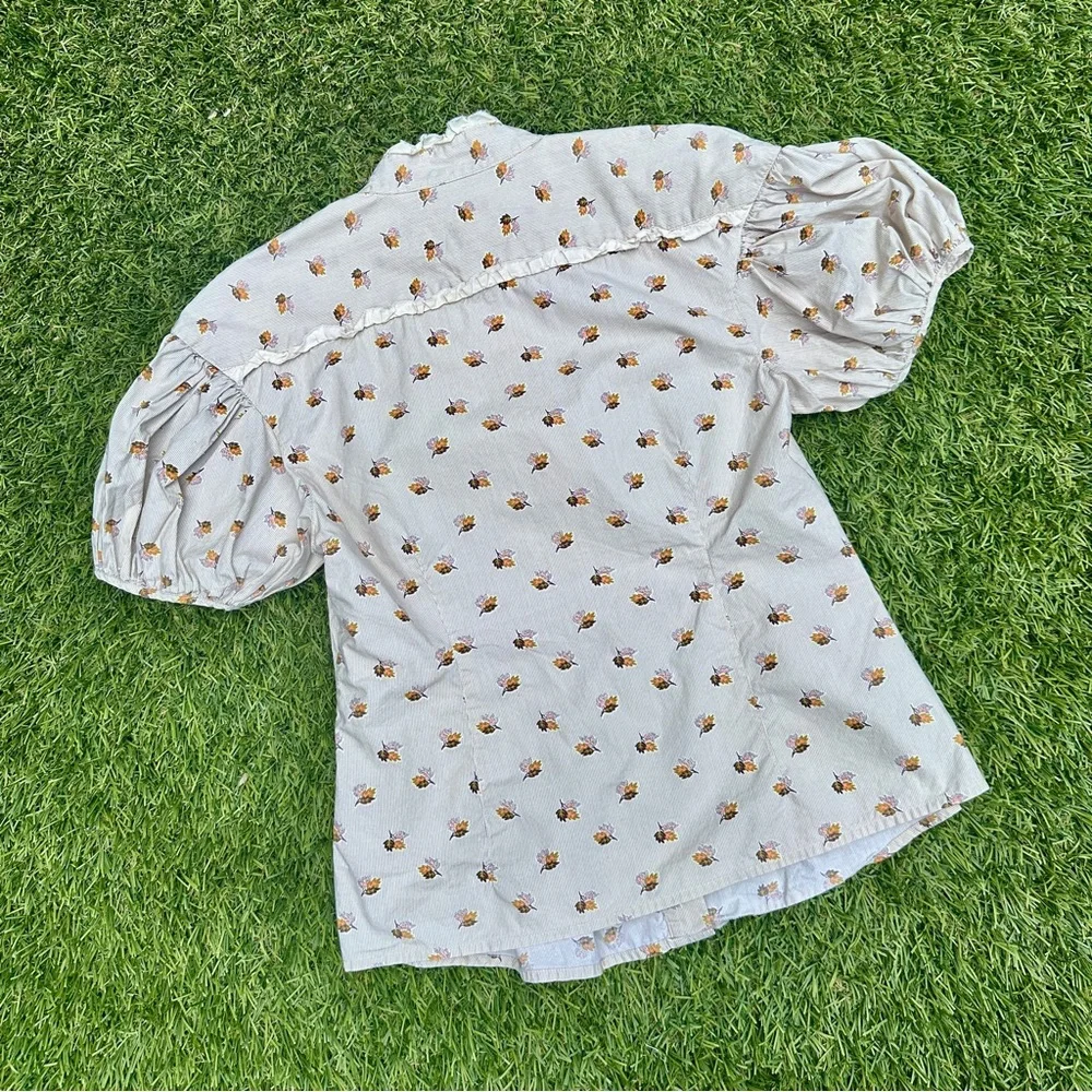 Free People Tiny Floral Bouquets Puff Sleeve Button Down Shirt- size 2